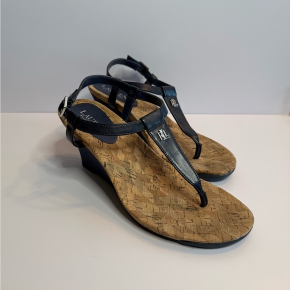 Ralph Lauren REETA T-Strap Thong Wedge Sandals Navy – Women’s Size 9.5B NWOT - Picture 1 of 12